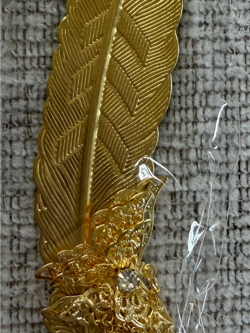 Gold Feather Bookmark with Decorative Blue Crystal Accent